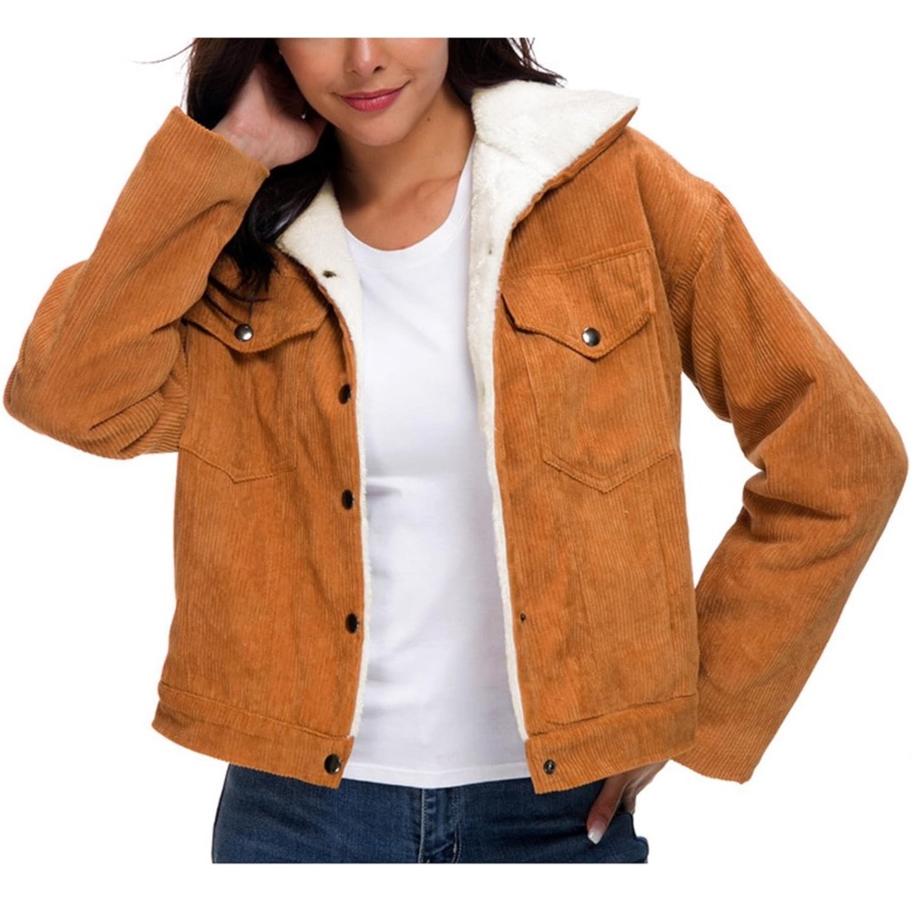 Burnt Orange Corduroy Fleece Lined Sherpa Mustard Button Jacket Forever 21 Sz S - Picture 2 of 5